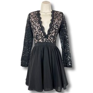 Missguided Plunge Neck Black Lace Mini Dress Size 14 (fits like a size 10)